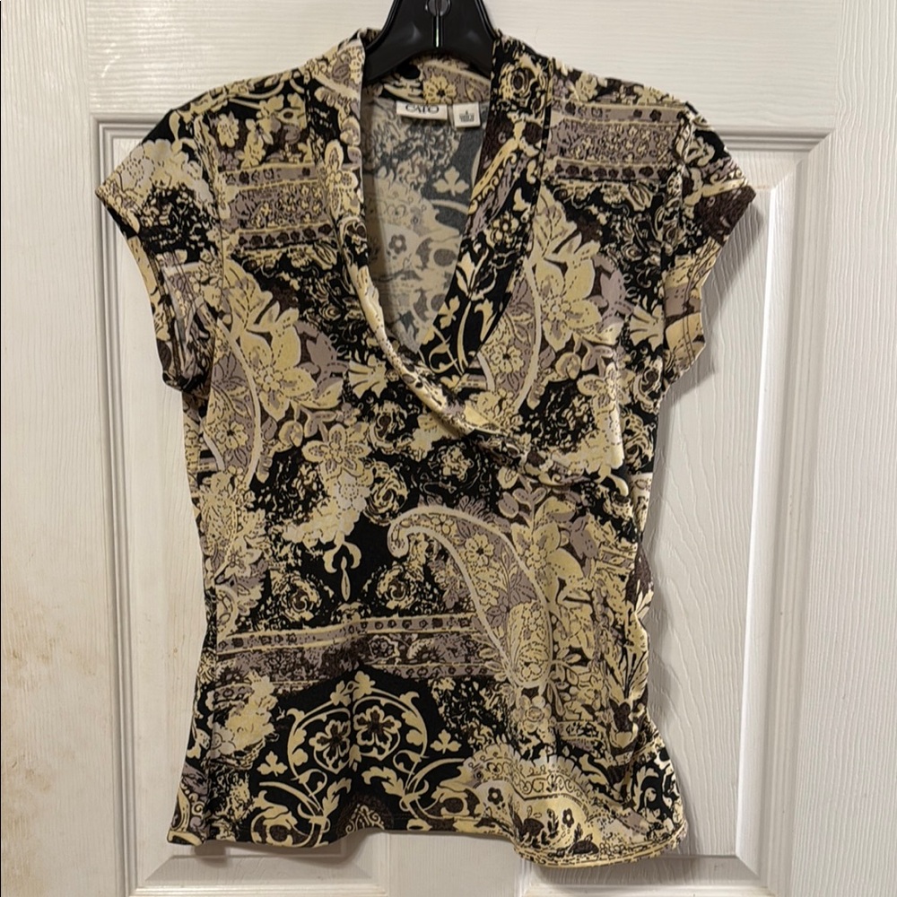 Cato Black and Cream Fitted Wrap Blouse with Cap Sleeves